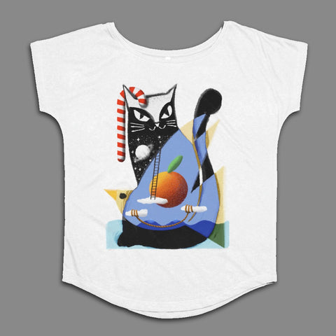 Abstract Cat and Fruit Artwork on White T-Shirt