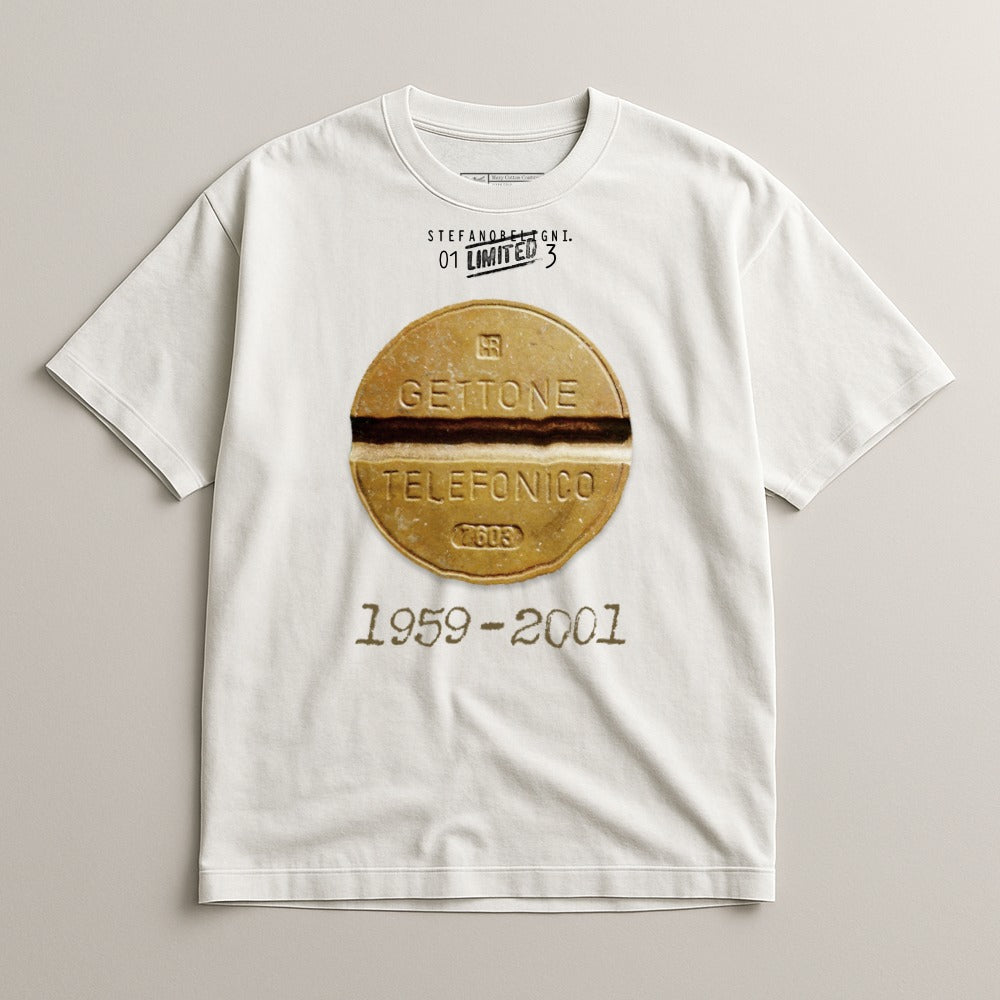 White t-shirt with "TELEFONICO" printed on a coin design.
