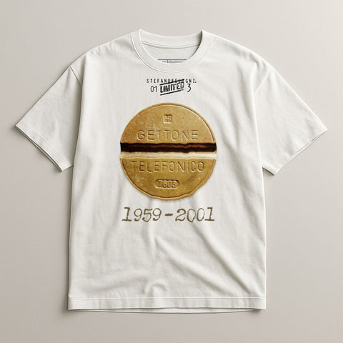 White t-shirt with "TELEFONICO" printed on a coin design.
