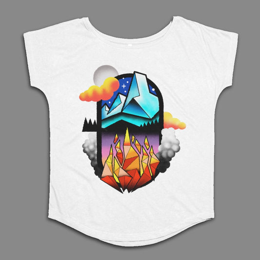 Vibrant Mountain and Fire Graphic Design on White Shirt
