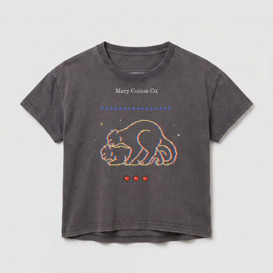 Gray t-shirt with pixelated cats, hearts, and "Mary Cotton Co." text.