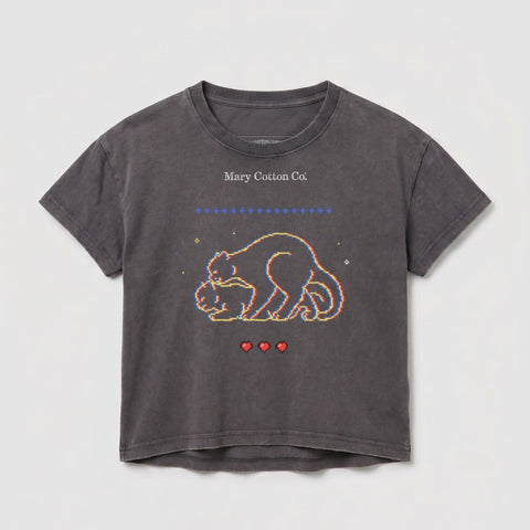 Gray t-shirt with pixelated cats, hearts, and "Mary Cotton Co." text.