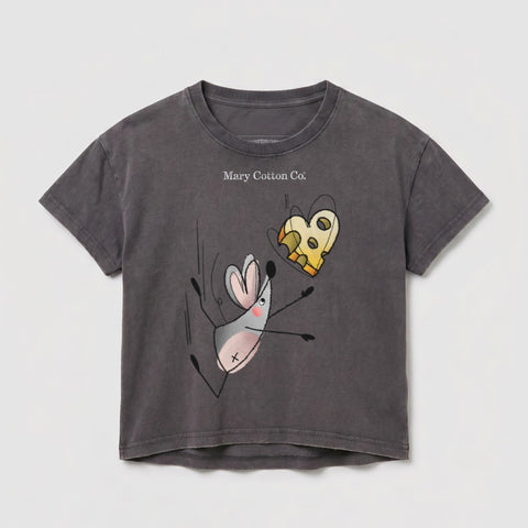 Dark grey t-shirt with a cartoon mouse reaching for cheese.
