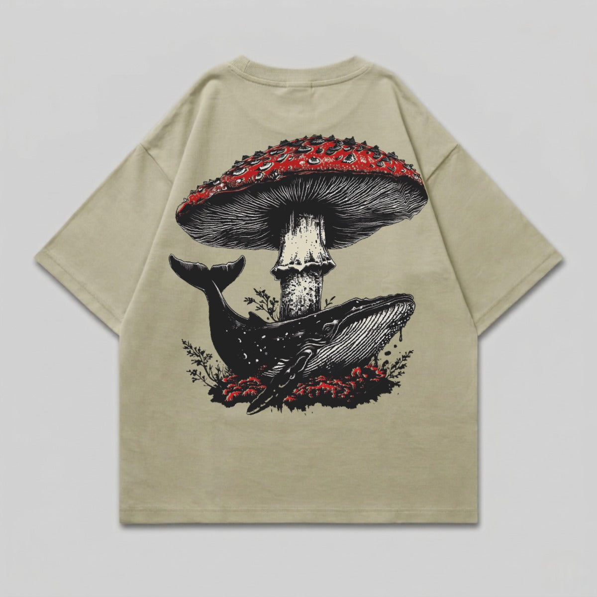 Whale beneath large red mushroom with red foliage.