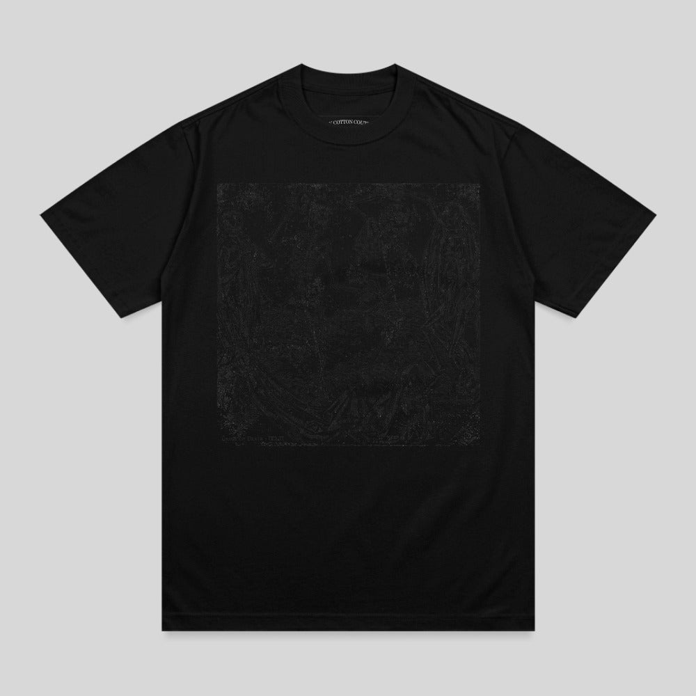 Black t-shirt with a textured square graphic centered on the chest.