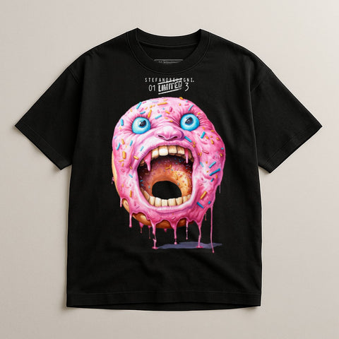 Black t-shirt with a graphic of a monstrous, pink-frosted donut with eyes and sharp teeth.