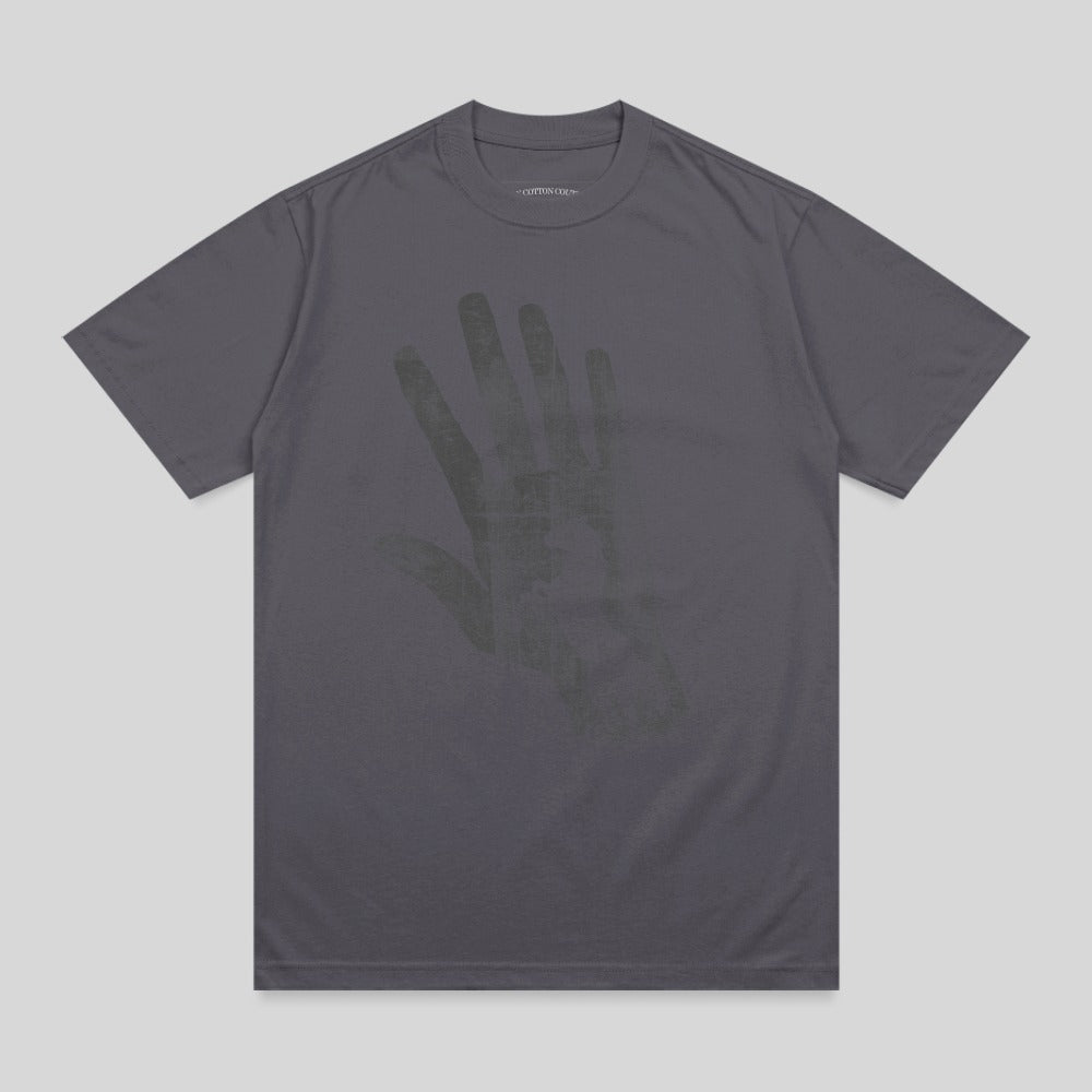Dark grey t-shirt with a faded black handprint graphic.