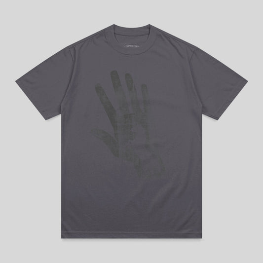 Dark grey t-shirt with a faded black handprint graphic.
