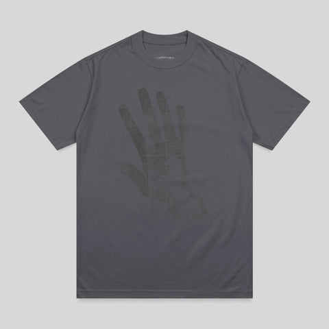 Dark grey t-shirt with a faded black handprint graphic.