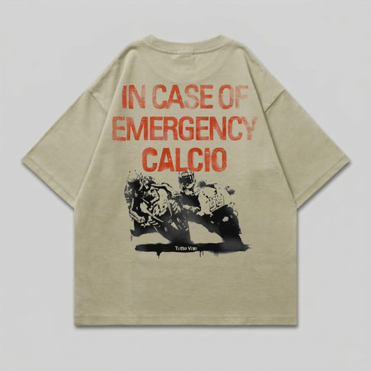 T-shirt with "IN CASE OF EMERGENCY CALCIO" and motorcycle riders graphic.