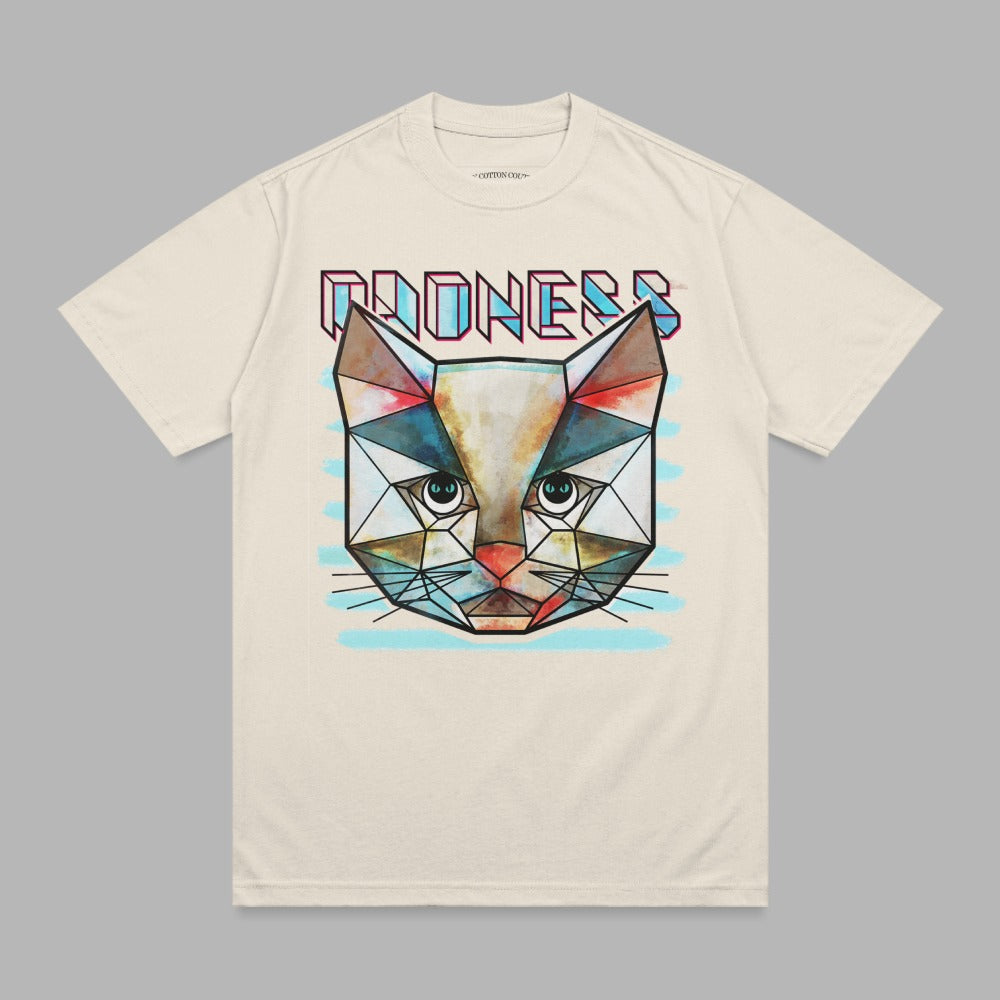Geometric cat face graphic on a cream t-shirt.