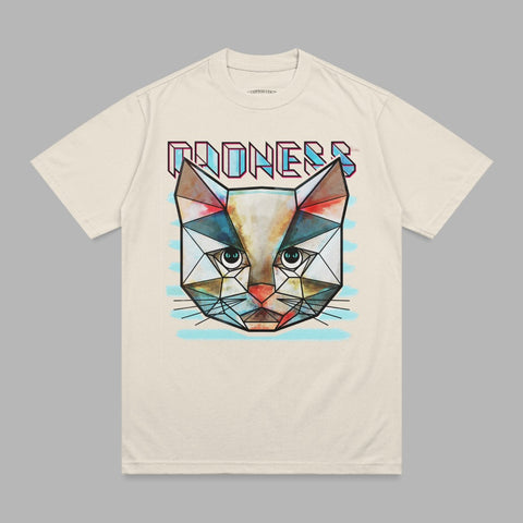 Geometric cat face graphic on a cream t-shirt.