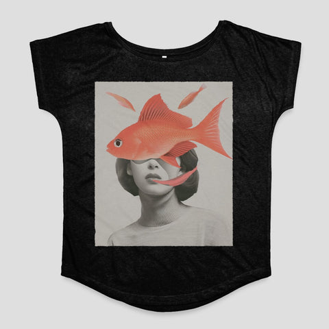 Unique Graphic Tee With Surreal Fish And Portrait Design