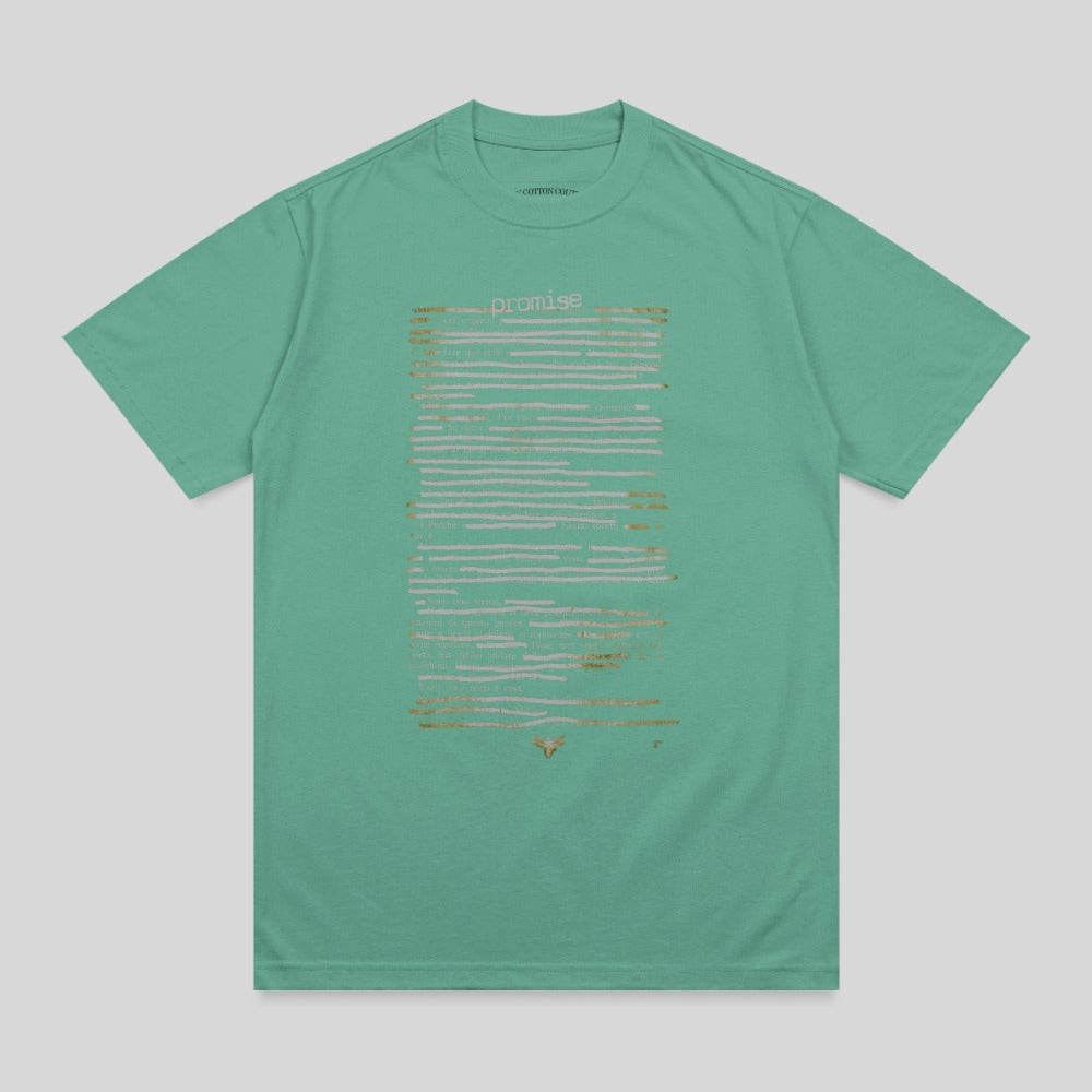 Green t-shirt with text resembling a document and "Promise" at the top.