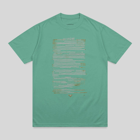Green t-shirt with text resembling a document and "Promise" at the top.