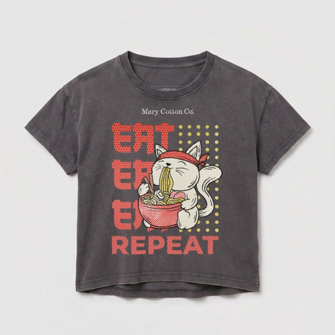 Cat wearing bandana eating ramen, "Eat, Repeat" text, dark grey t-shirt.