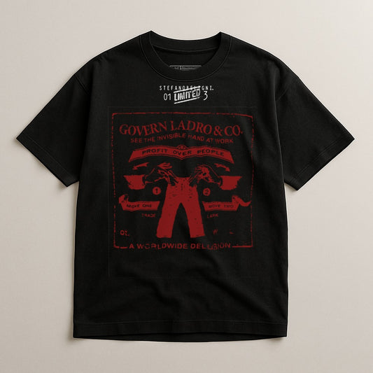 Black t-shirt with red "Govern Ladro & Co." graphic featuring pants and text.