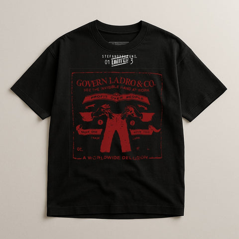 Black t-shirt with red "Govern Ladro & Co." graphic featuring pants and text.