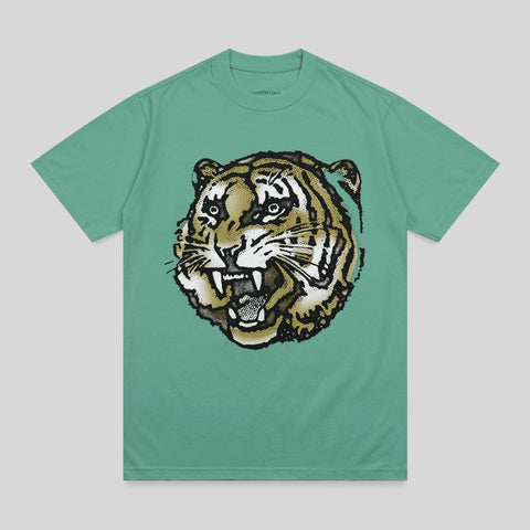 Green t-shirt with a detailed, roaring tiger head graphic in brown and gold.