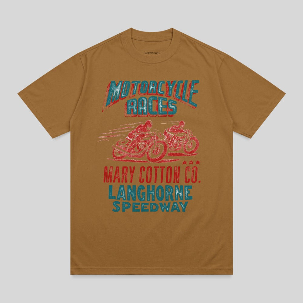 Brown t-shirt with "MOTORCYCLE RACES" and "MARY COTTON CO. LANGHORNE SPEEDWAY" text.