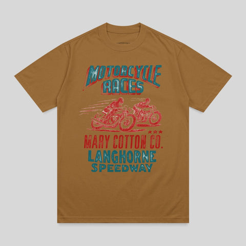 Brown t-shirt with "MOTORCYCLE RACES" and "MARY COTTON CO. LANGHORNE SPEEDWAY" text.