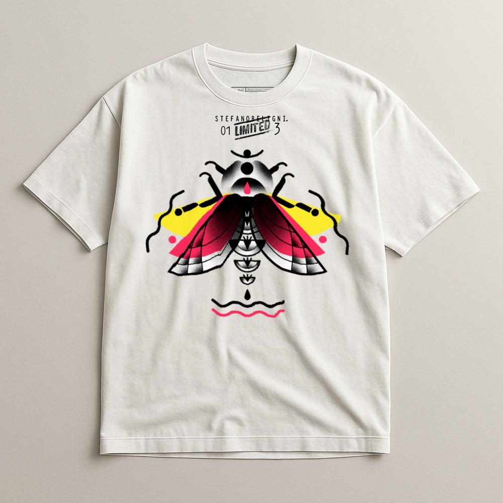 Colorful Artistic Insect Design on White T-shirt