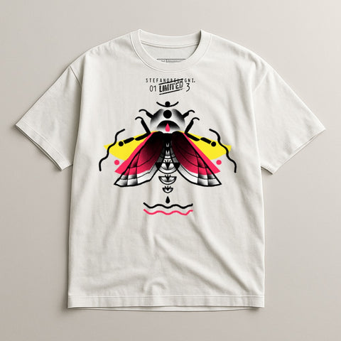 Colorful Artistic Insect Design on White T-shirt