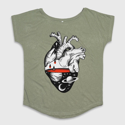Abstract Cosmic Heart Design on Green Women's Shirt