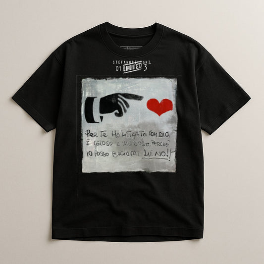 Black t-shirt with "Stefano Belligni 01 Limited 3" and artwork with Italian text.