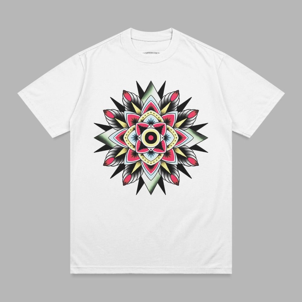 Vibrant Mandala Flower Tattoo Design White TShirt product type