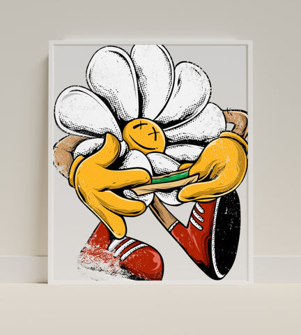 Cheerful Flower Cartoon Holding Pencil Artwork Poster
