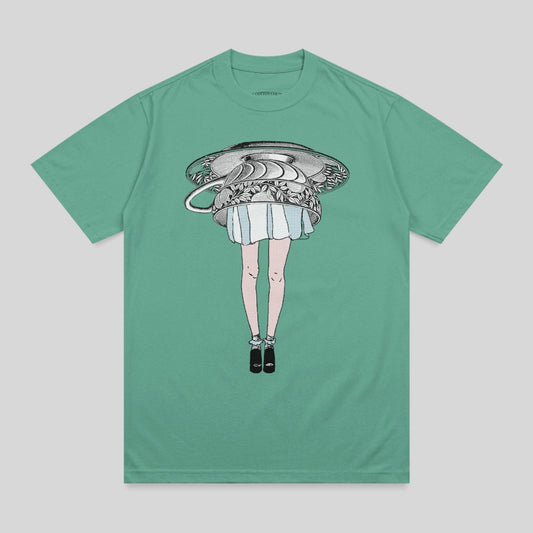 T-shirt graphic of a woman's legs emerging from an overturned teacup.