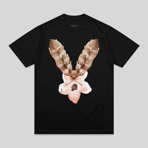 Black t-shirt with a light pink and brown feather moth watercolor graphic.