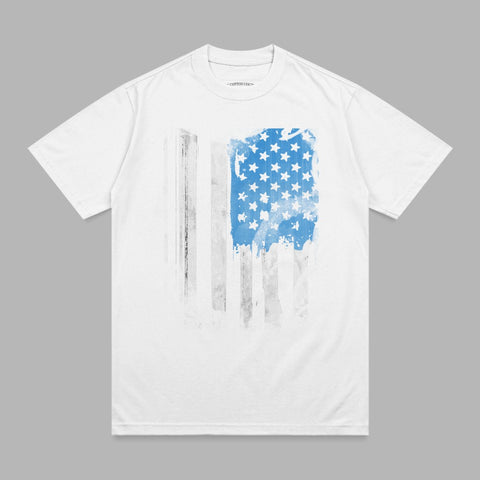 White t-shirt with distressed American flag graphic.