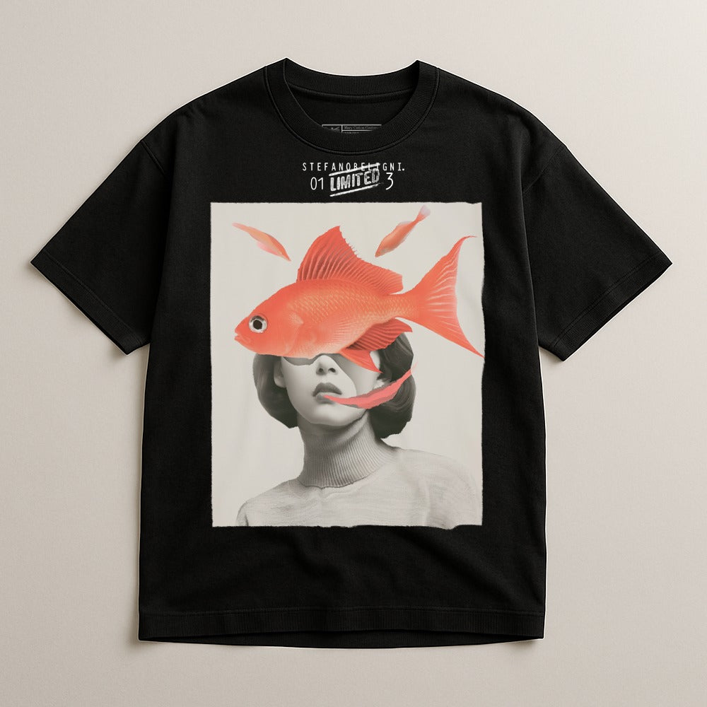 Abstract Art Fish and Woman Graphic Black T-Shirt