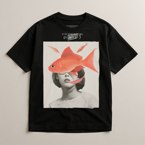 Abstract Art Fish and Woman Graphic Black T-Shirt