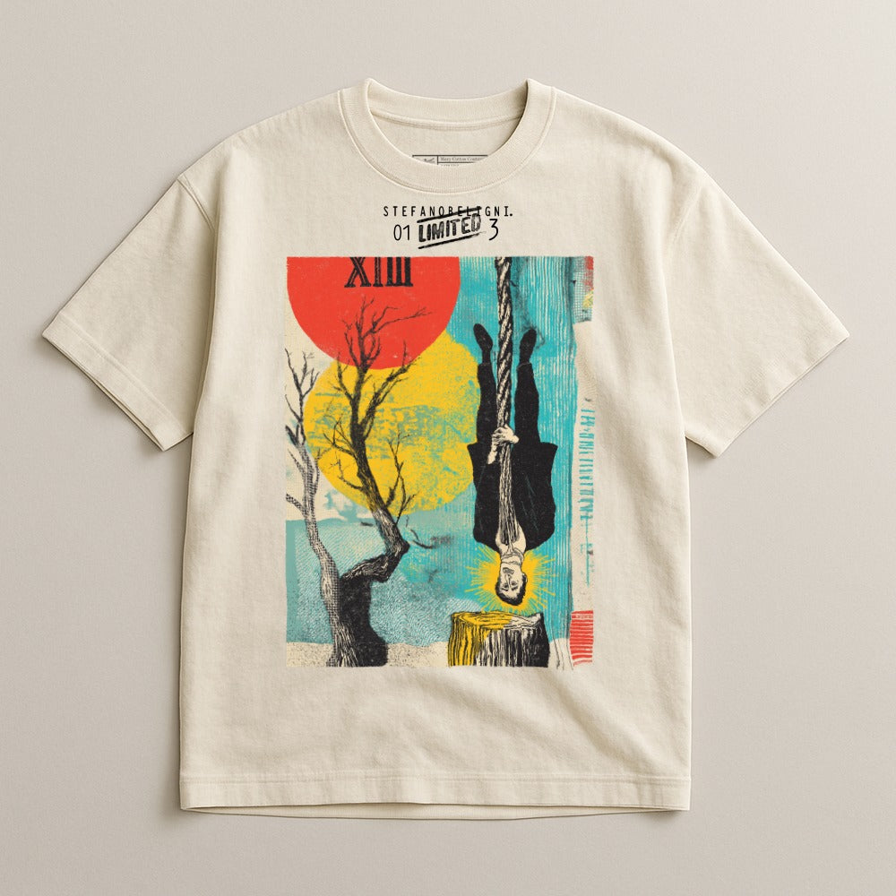 T-shirt with graphic of a man hanging upside down from a rope.