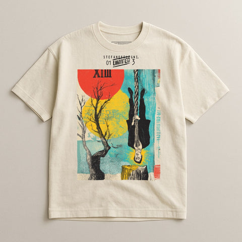 T-shirt with graphic of a man hanging upside down from a rope.