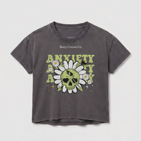 Dark grey t-shirt with skull, daisies, and "Anxiety Kills" text graphic.