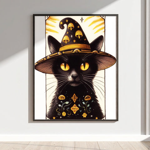 Enchanting Black Cat with Witch Hat Wall Art Print