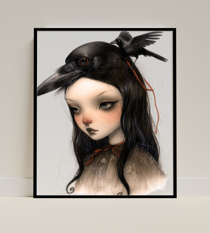 Melancholic Girl with Crow on Head Art Print