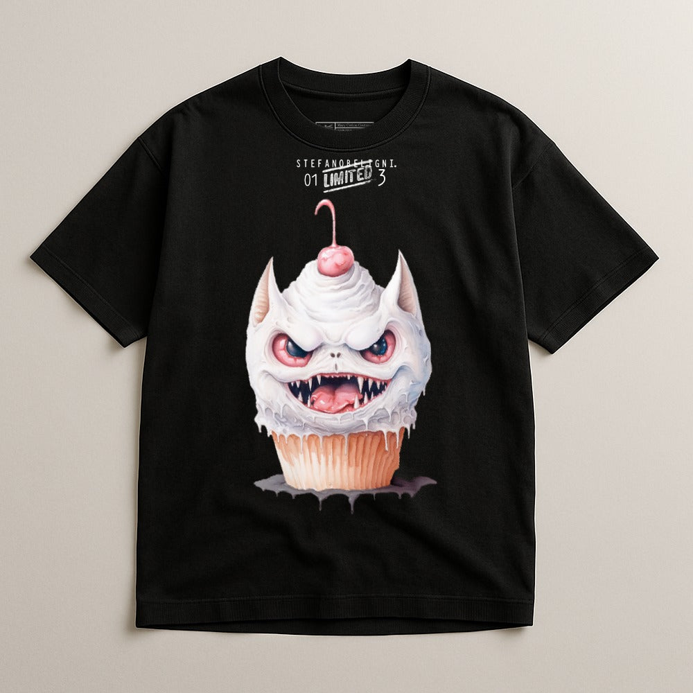 Black t-shirt with a cupcake monster graphic featuring sharp teeth and pink frosting.