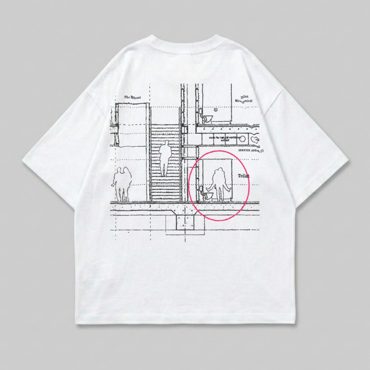 White t-shirt with a blueprint design showing a bathroom and figures.