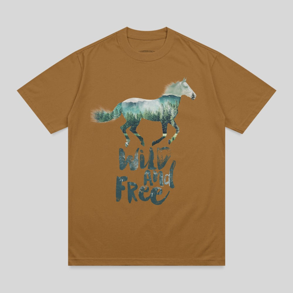 Brown t-shirt with a running horse silhouette filled with a forest scene and "Wild and Free" text.