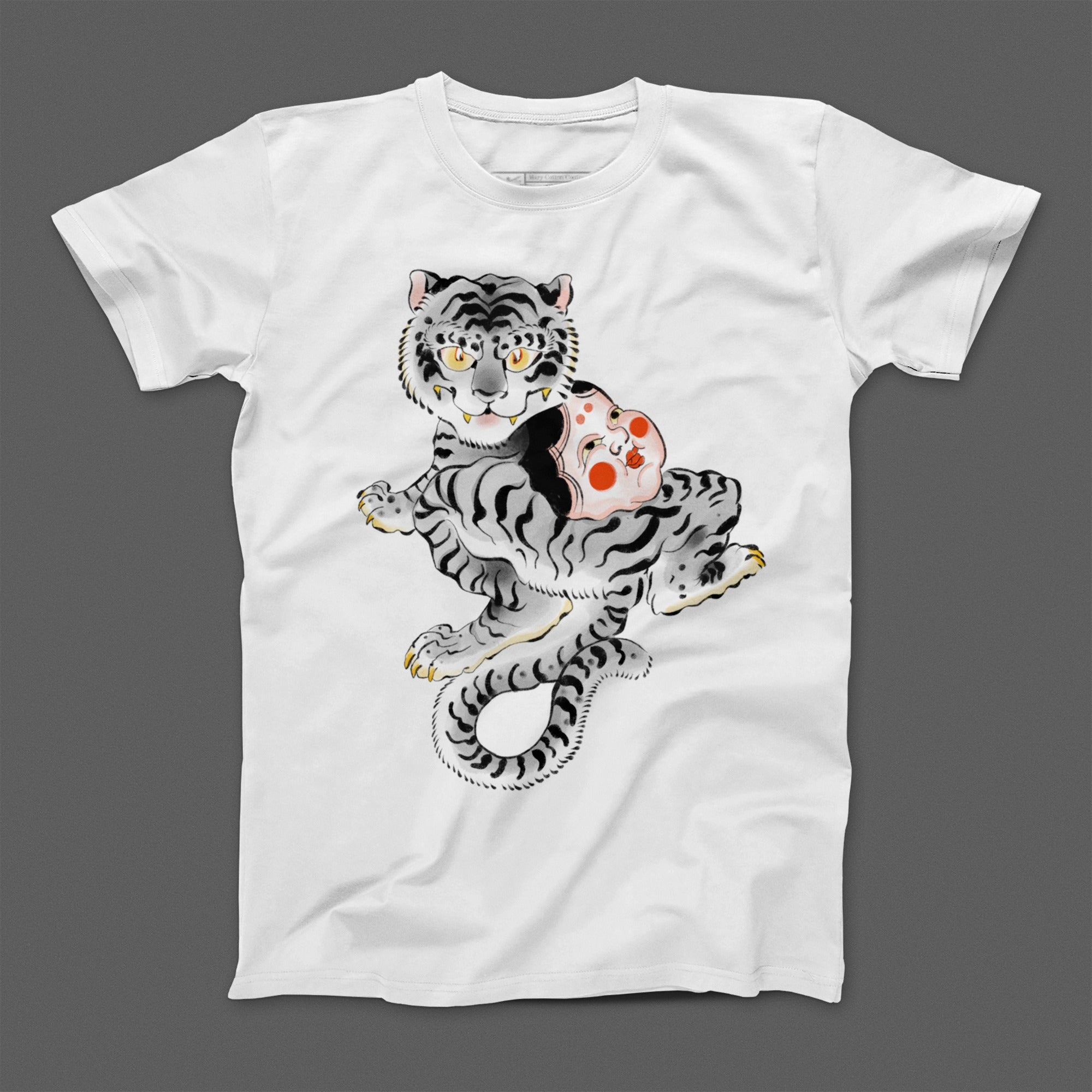 White Shirt with Artistic Tiger and Mask Design Product