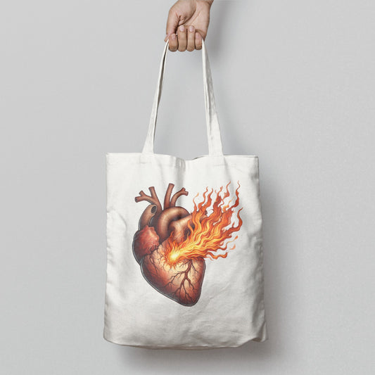 Flaming Heart Tote Bag with Artistic Design