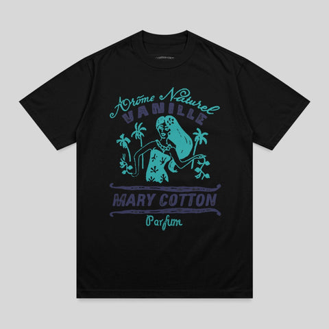 Black t-shirt with "Mary Cotton Parfum" and tropical graphic.