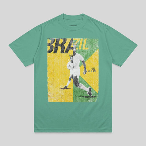 T-shirt featuring distressed graphic of soccer player Pelé running, with "BRAZIL 10 O REI" text.