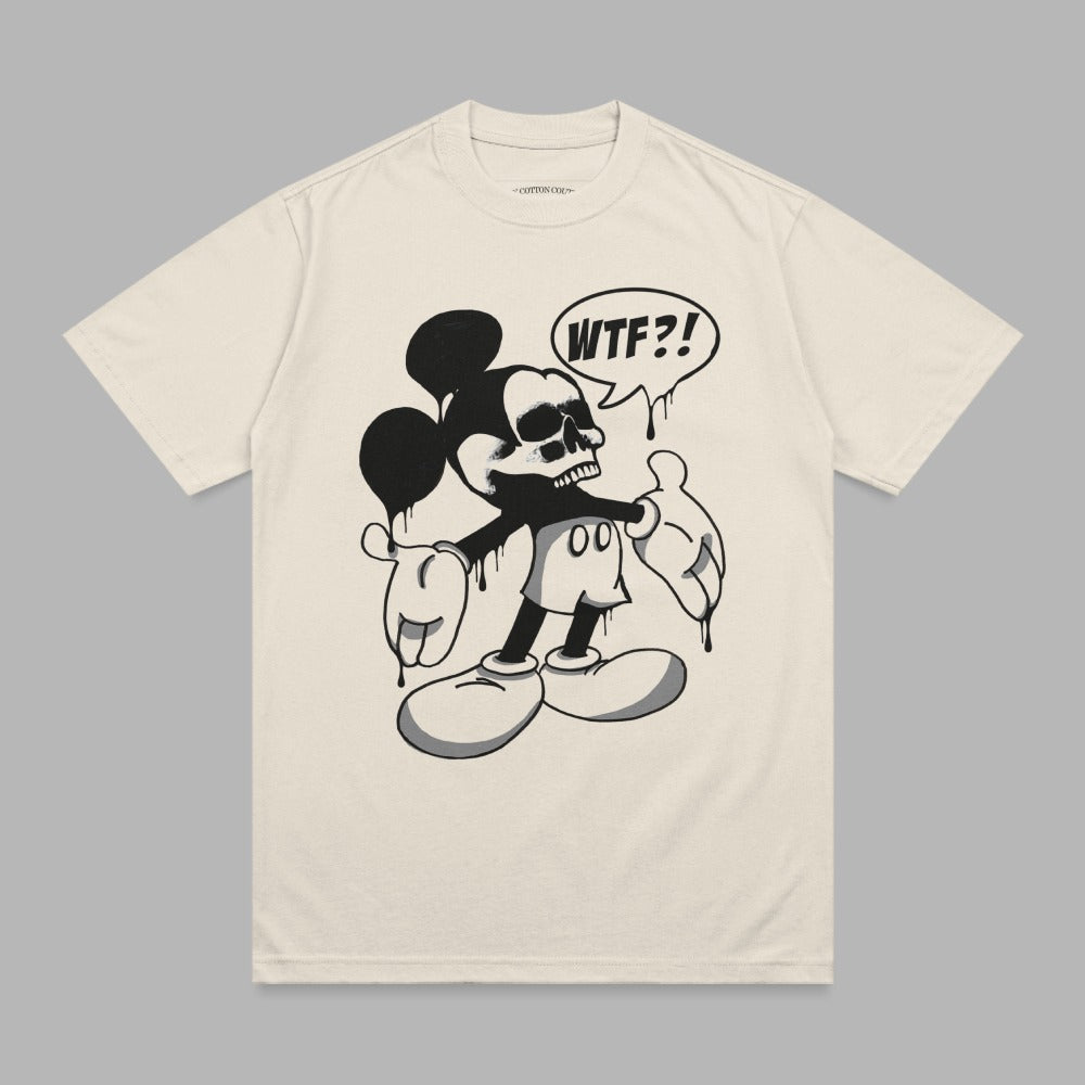Distressed Mickey Mouse with skull head saying "WTF?!" on a cream t-shirt.