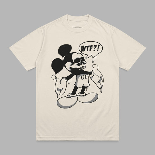 Distressed Mickey Mouse with skull head saying "WTF?!" on a cream t-shirt.